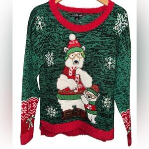 Womens Green Polar Bears Mom Baby Sequin Christmas Xmas Holiday Sweater Small